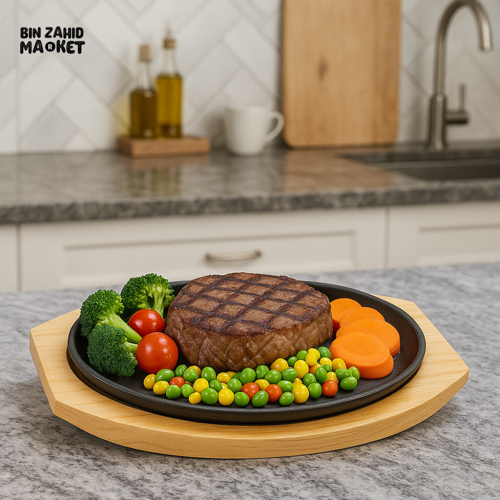 SIZZLER OVAL LINE 20CM – CAST IRON GRILL PLATE WITH WOODEN BASE