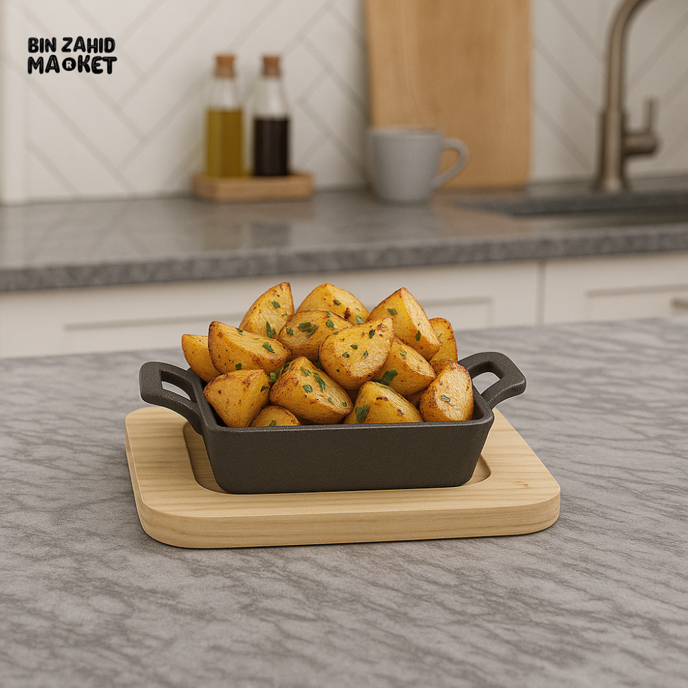 SIZZLER SQUARE 20CM – HEAVY DUTY CAST IRON SERVING PLATE WITH WOODEN BASE