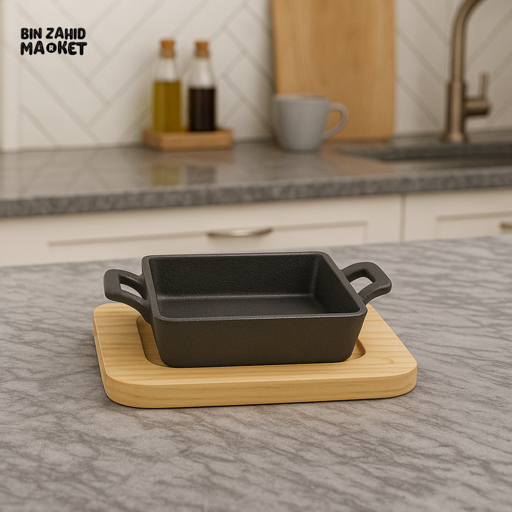 SIZZLER SQUARE 20CM – HEAVY DUTY CAST IRON SERVING PLATE WITH WOODEN BASE