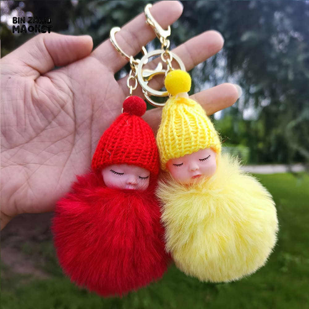 SLEEPING BABY PLUSH KEYRING – FLUFFY BALL BAG CHARM GIFT