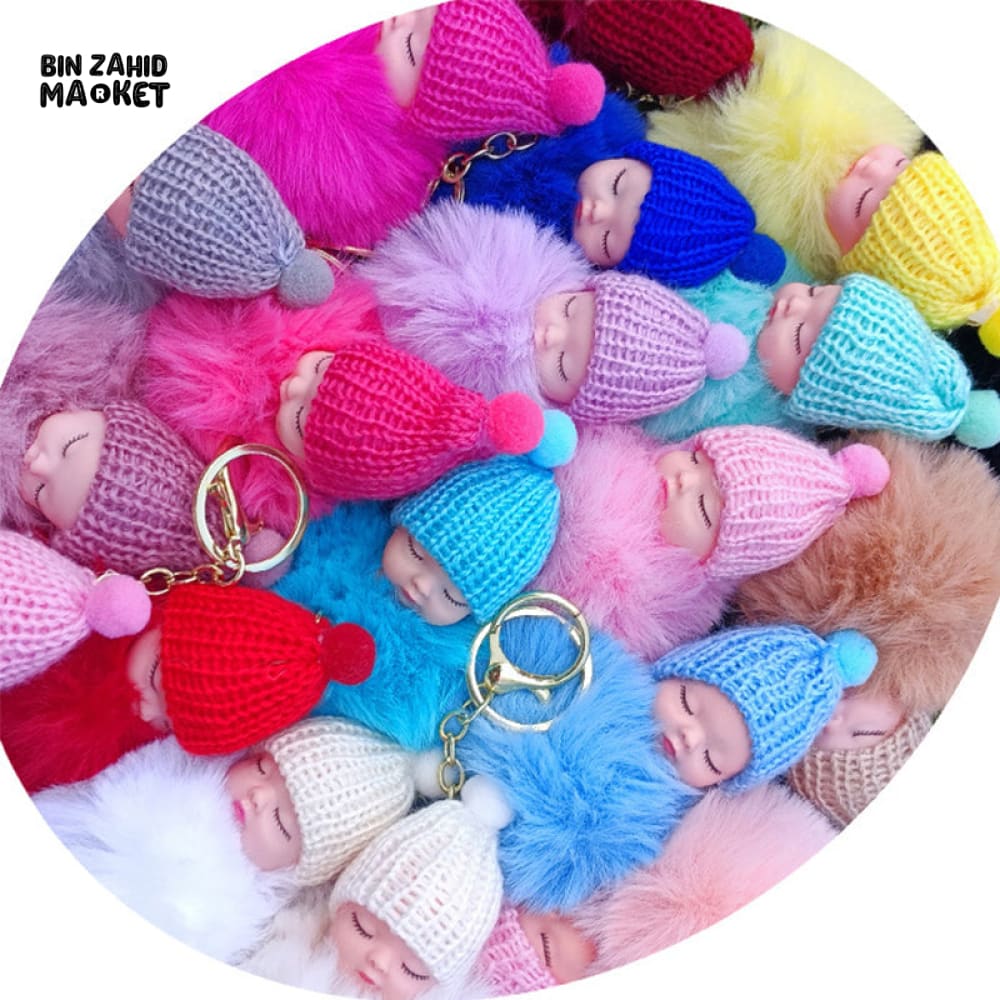 SLEEPING BABY PLUSH KEYRING – FLUFFY BALL BAG CHARM GIFT