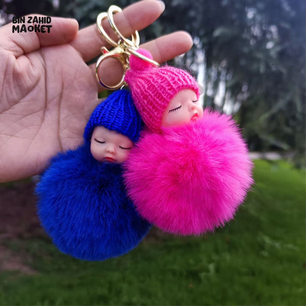 SLEEPING BABY PLUSH KEYRING – FLUFFY BALL BAG CHARM GIFT