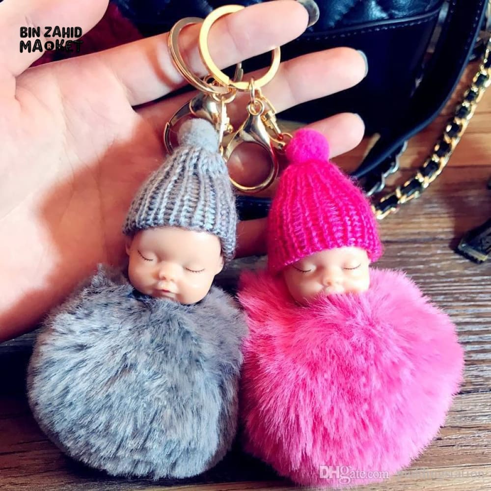 SLEEPING BABY PLUSH KEYRING – FLUFFY BALL BAG CHARM GIFT