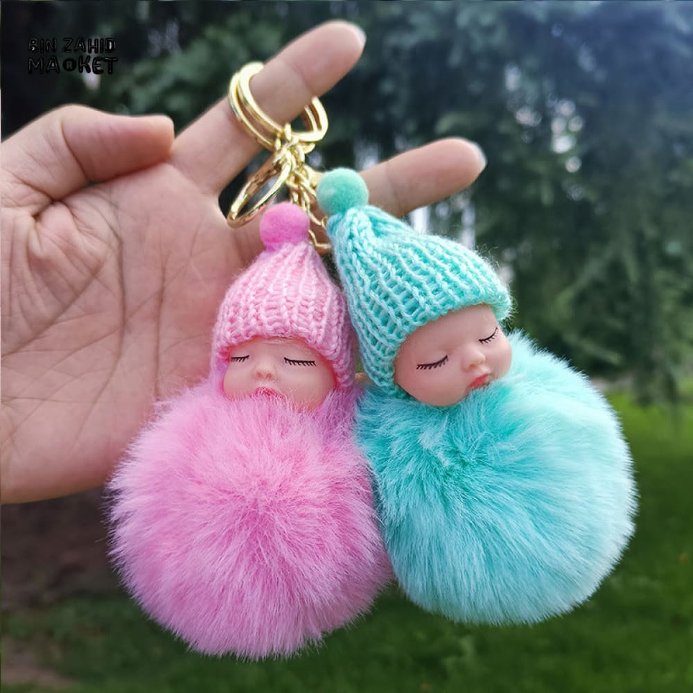 SLEEPING BABY PLUSH KEYRING – FLUFFY BALL BAG CHARM GIFT
