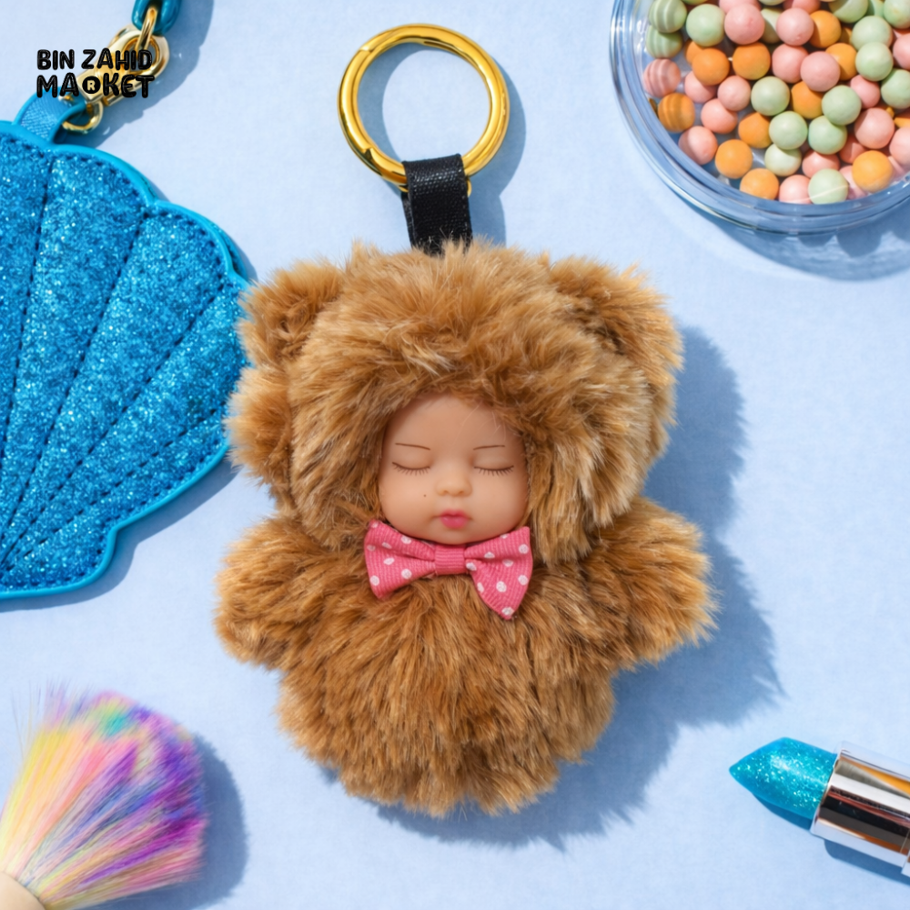 SLEEPING BABY TEDDY FUR KEYCHAIN WITH BOW – SOFT PLUSH BAG CHARM & CAR KEYRING FOR GIRLS PURSE BACKPACK & GIFT - Key