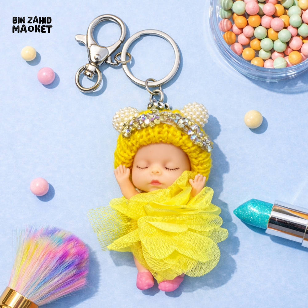 SLEEPING DOLL KEYCHAIN – CUTE HANDMADE TEDDY HAT & TULLE DRESS BAG CHARM - Key Holders