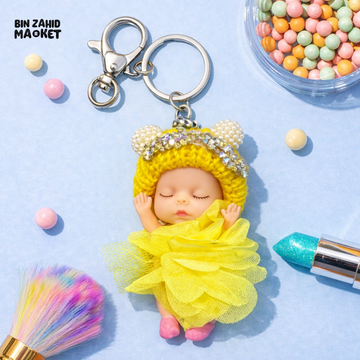 SLEEPING DOLL KEYCHAIN – CUTE HANDMADE TEDDY HAT & TULLE DRESS BAG CHARM - Key Holders