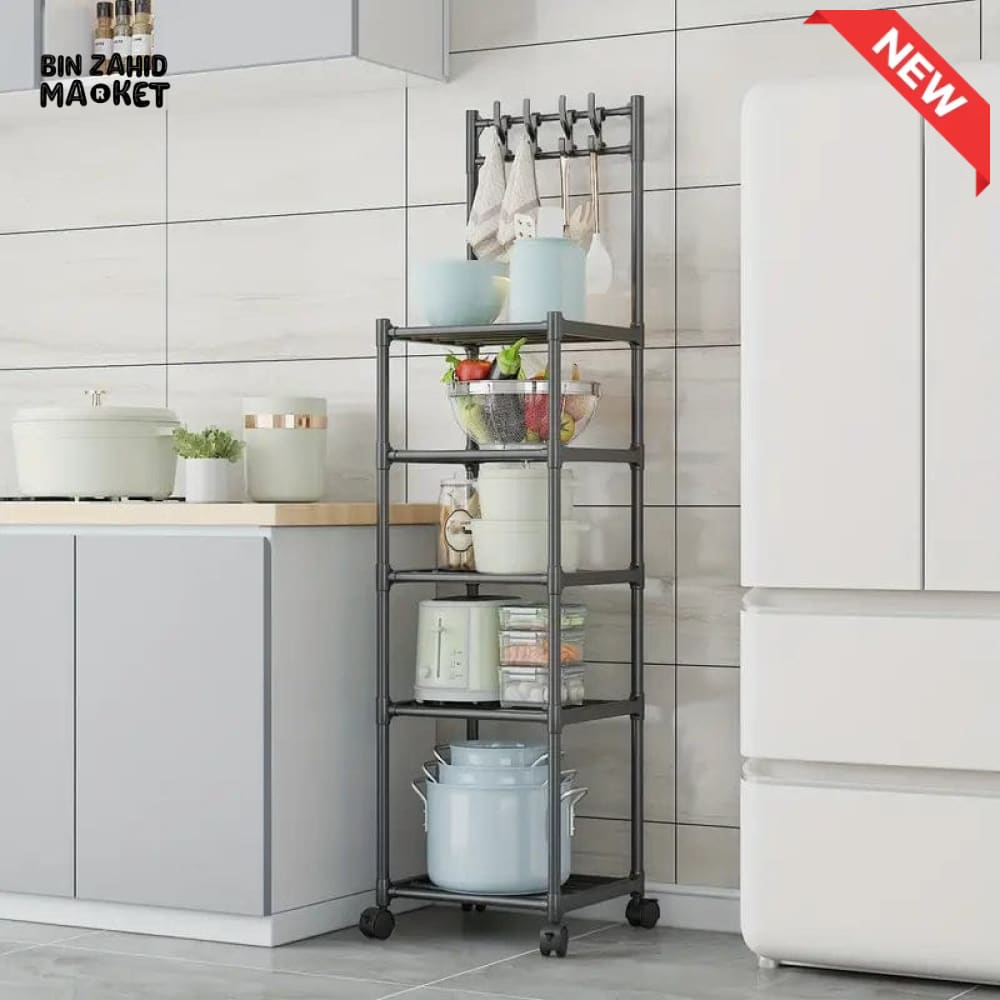SLIM WHEELED STORAGE CART WITH HOOKS – TOOL-FREE SETUP