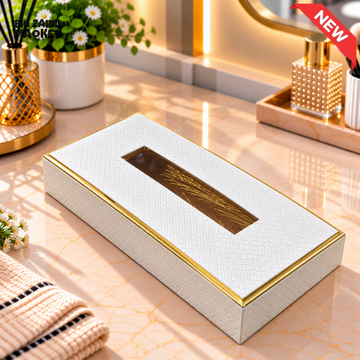 SLIM WHITE TEXTURED TISSUE BOX WITH GOLD TRIM - Tissue Boxes