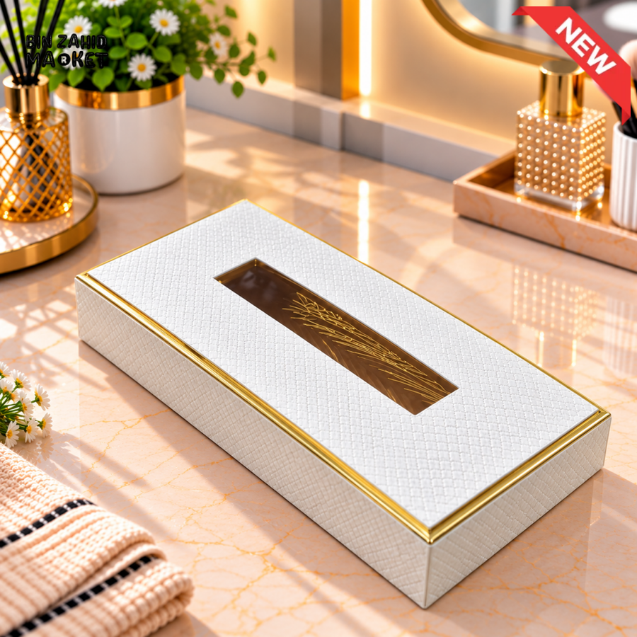 SLIM WHITE TEXTURED TISSUE BOX WITH GOLD TRIM - Tissue Boxes