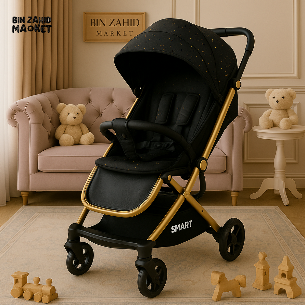 SMART BLACK & GOLD BABY STROLLER – LUXURY DESIGN WITH CONSTELLATION CANOPY, LIGHTWEIGHT FRAME & COMPACT FOLD