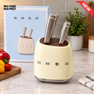 SMEG KNIFE BLOCK WITH KITCHEN KNIVES - BEIGE