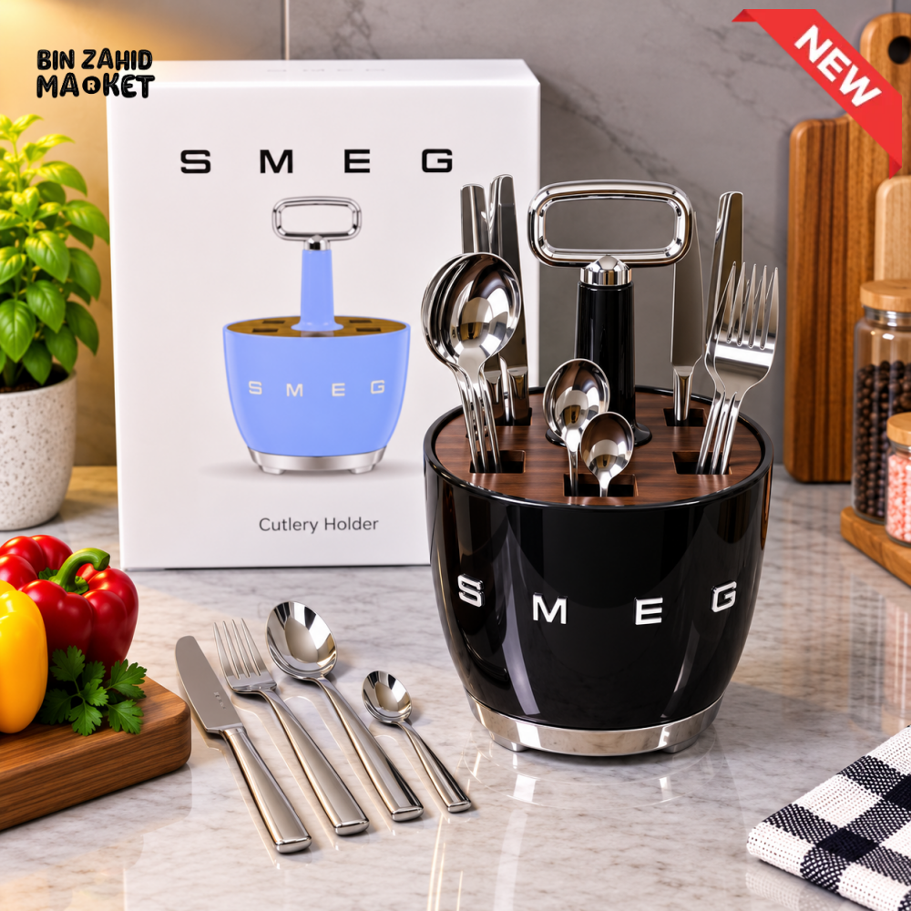 SMEG ROTATING KITCHEN UTENSIL HOLDER + 6 PIECES CUTLERY SET - BLACK