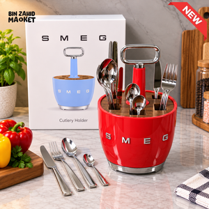SMEG ROTATING KITCHEN UTENSIL HOLDER + 6 PIECES CUTLERY SET - RED