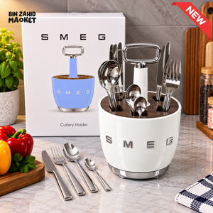 SMEG ROTATING KITCHEN UTENSIL HOLDER + 6 PIECES CUTLERY SET - WHITE