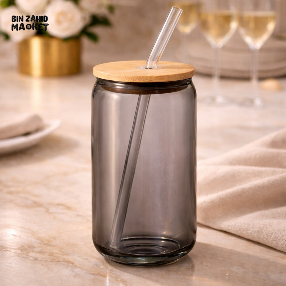 SMOKED GREY GLASS TUMBLER WITH BAMBOO LID & STRAW – LUXURY MODERN DRINKING GLASS FOR ICED COFFEE & BEVERAGES