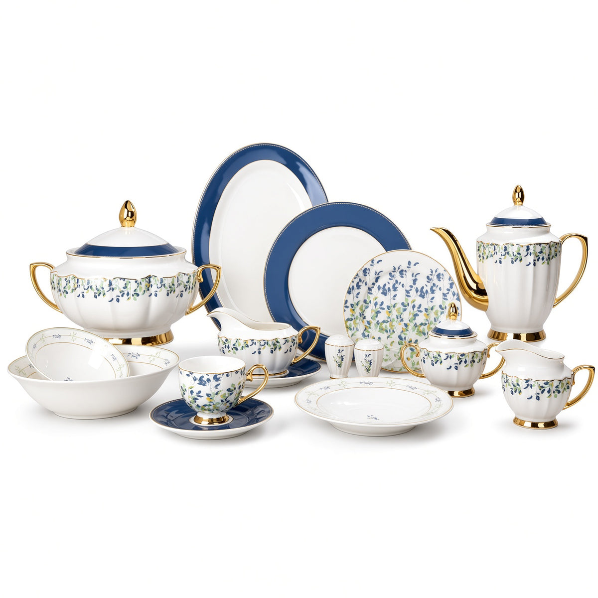 Johnson Bros Inspired Green Green & Blue Leaves Patterns Bone China Dinner Set