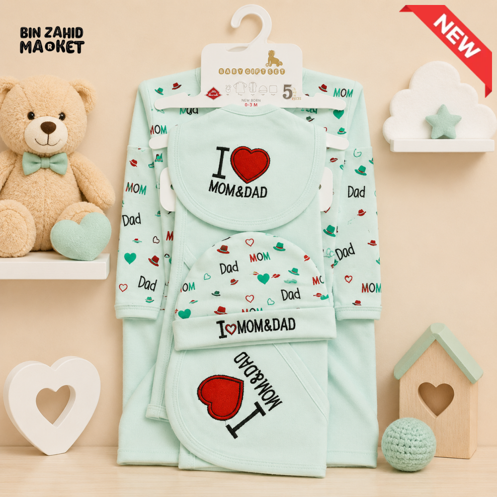 SOPHIE & STEPHIE 5 PCS NEWBORN BABY GIFT SET – I LOVE MOM & DAD DESIGN (MINT GREEN)