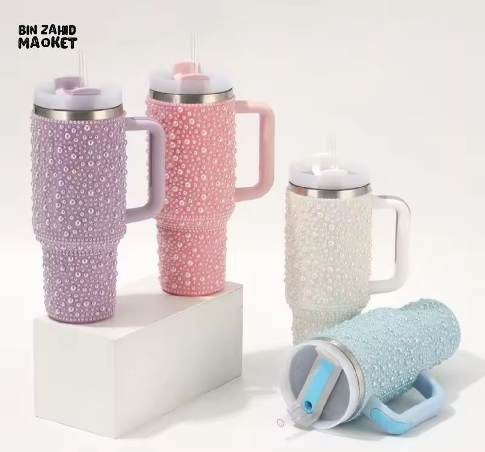 SPARKLY RHINESTONE TUMBLER – 40OZ PEARL STYLE MUG - WHITE