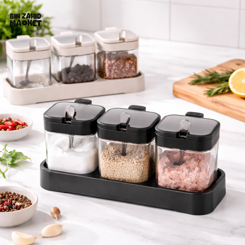SPICE JAR SET WITH SPOON & TRAY – KITCHEN SEASONING CONTAINER SET