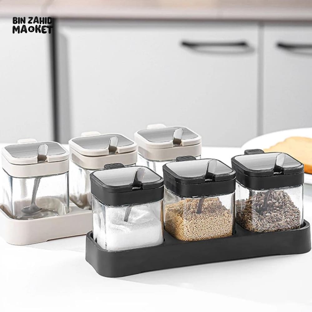 SPICE JAR SET WITH SPOON & TRAY – KITCHEN SEASONING CONTAINER SET