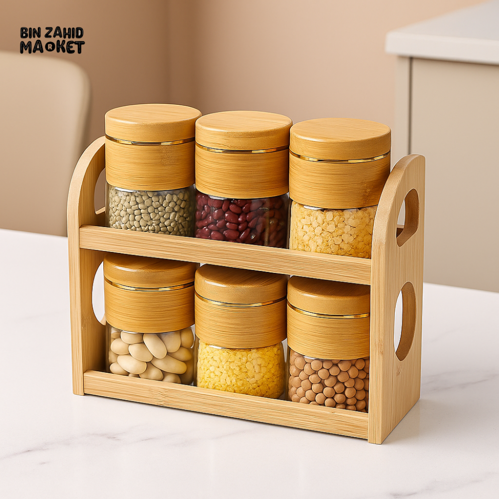 SPICE JAR SET WITH WOODEN RACK 7 PIECES SET – TRANSPARENT SEASONING CONTAINERS WITH BAMBOO LIDS FOR KITCHEN STORAGE &