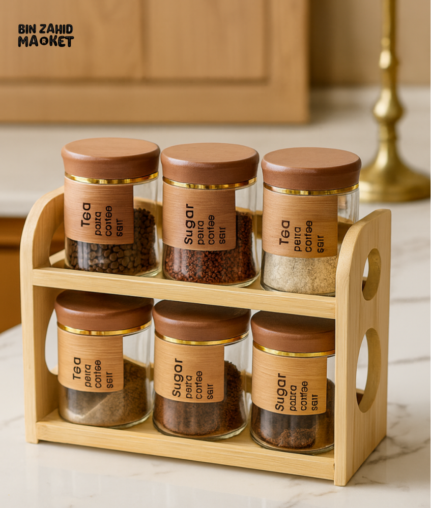 SPICE JAR SET WITH WOODEN RACK 7 PIECES SET – TRANSPARENT SEASONING CONTAINERS WITH BAMBOO LIDS FOR KITCHEN STORAGE &