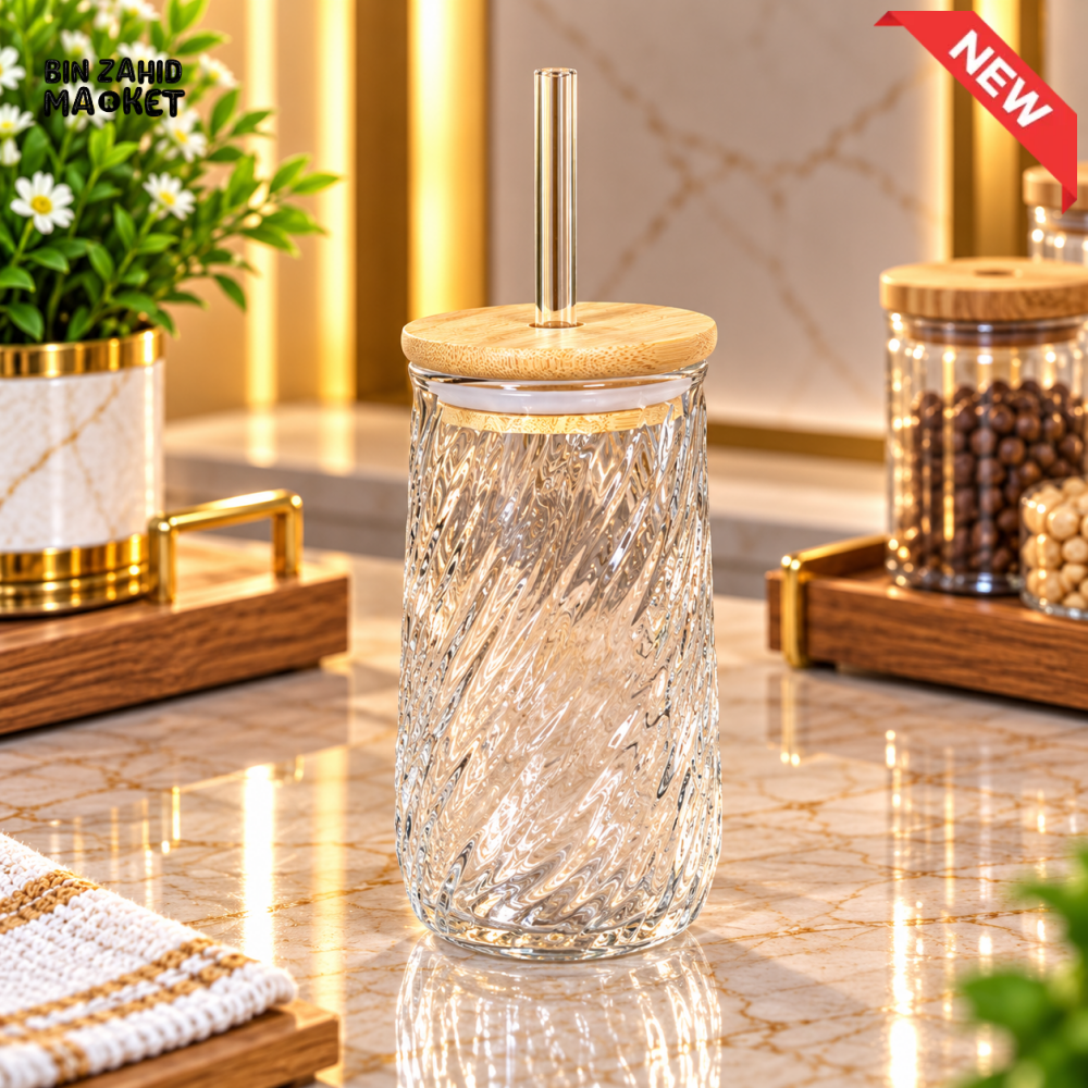 SPIRAL TEXTURED GLASS TUMBLER WITH BAMBOO LID AND STRAW - Tumblers