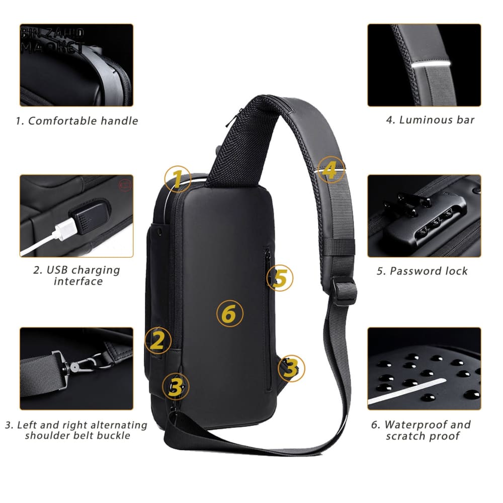 SPORT SLING BAG WITH USB CHARGING, PASSWORD LOCK, LARGE CAPACITY, WATER RESISTANT, ANTI-THEFT CROSSBODY BAG