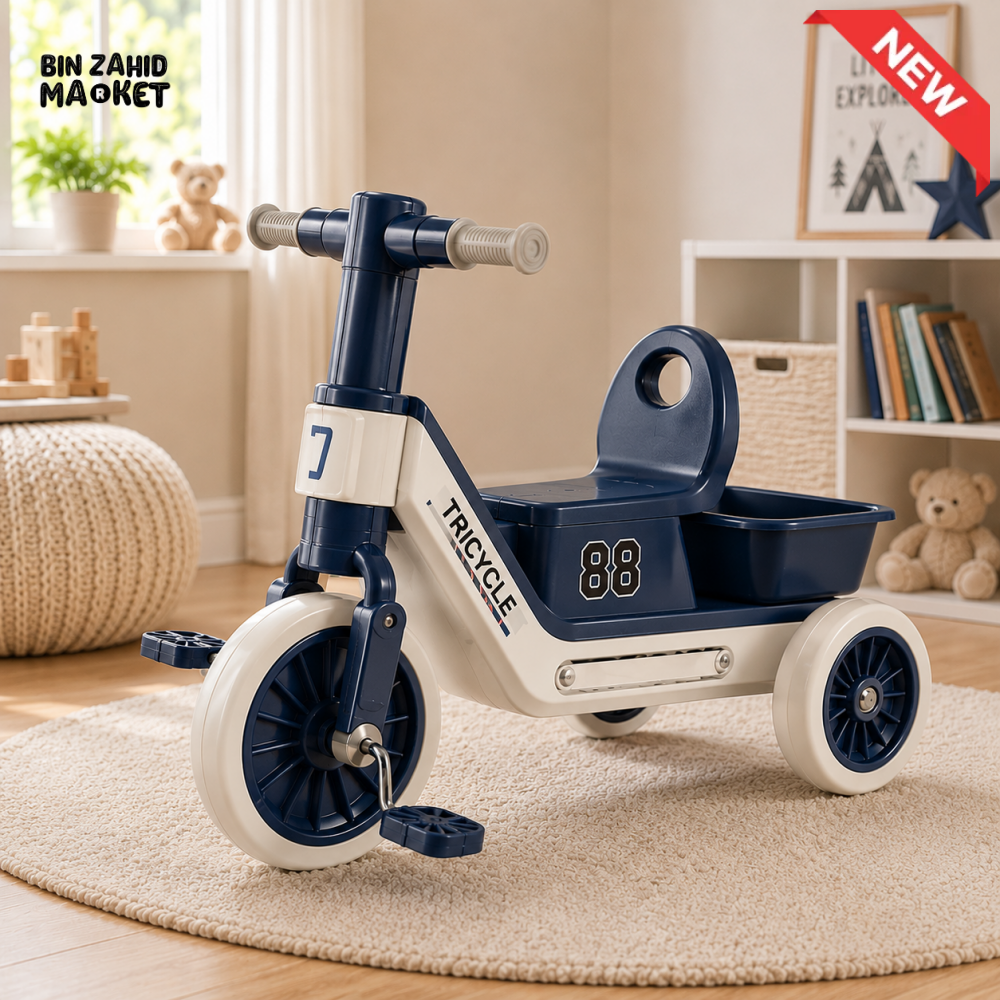 SPORTS STYLE KIDS TRICYCLE WITH STORAGE SEAT - BLUE
