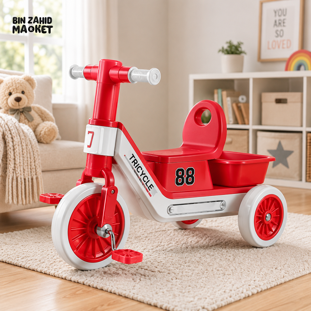 SPORTS STYLE KIDS TRICYCLE WITH STORAGE SEAT - RED