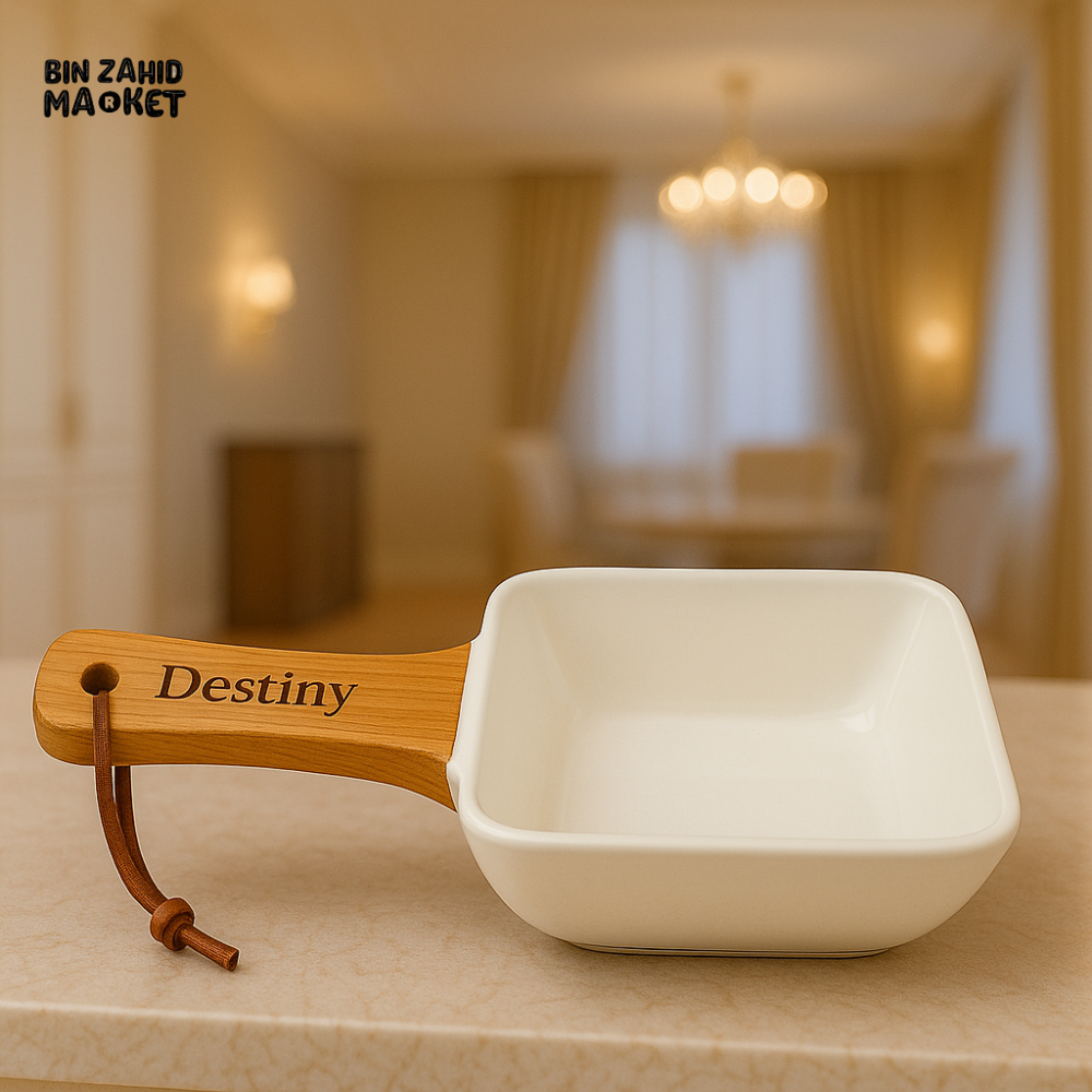 SQUARE CERAMIC SERVING BOWL WITH WOODEN HANDLE – LUXURY SNACK BOWL FOR VILLA KITCHEN & DINING DECOR