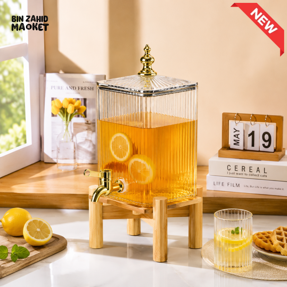 SQUARE RIBBED GLASS BEVERAGE DISPENSER WITH BAMBOO STAND & GOLD FAUCET - 4.2 LITER