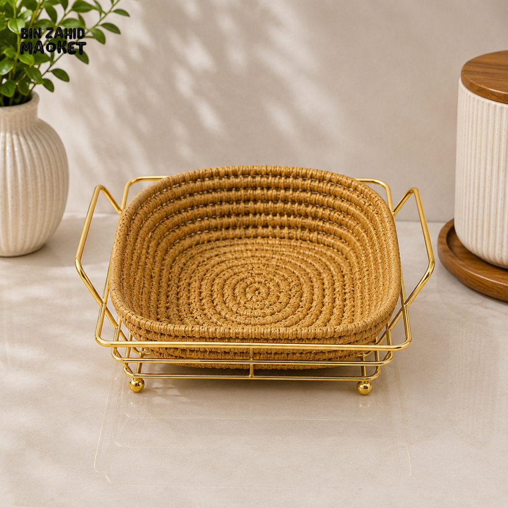 SQUARE WOVEN SERVING BASKET WITH GOLD METAL FRAME AND HANDLES