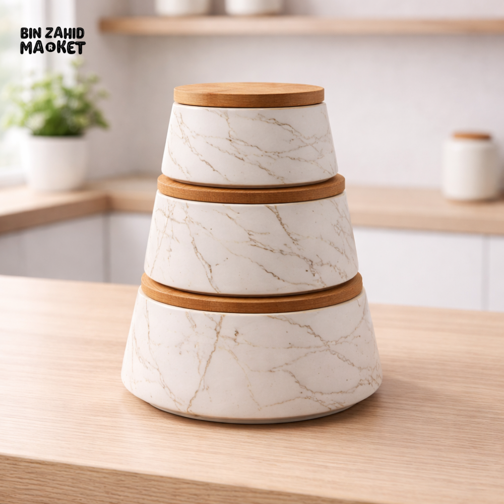 STACKABLE CERAMIC STORAGE JAR SET WITH BAMBOO LIDS – MARBLE STYLE KITCHEN CONTAINERS