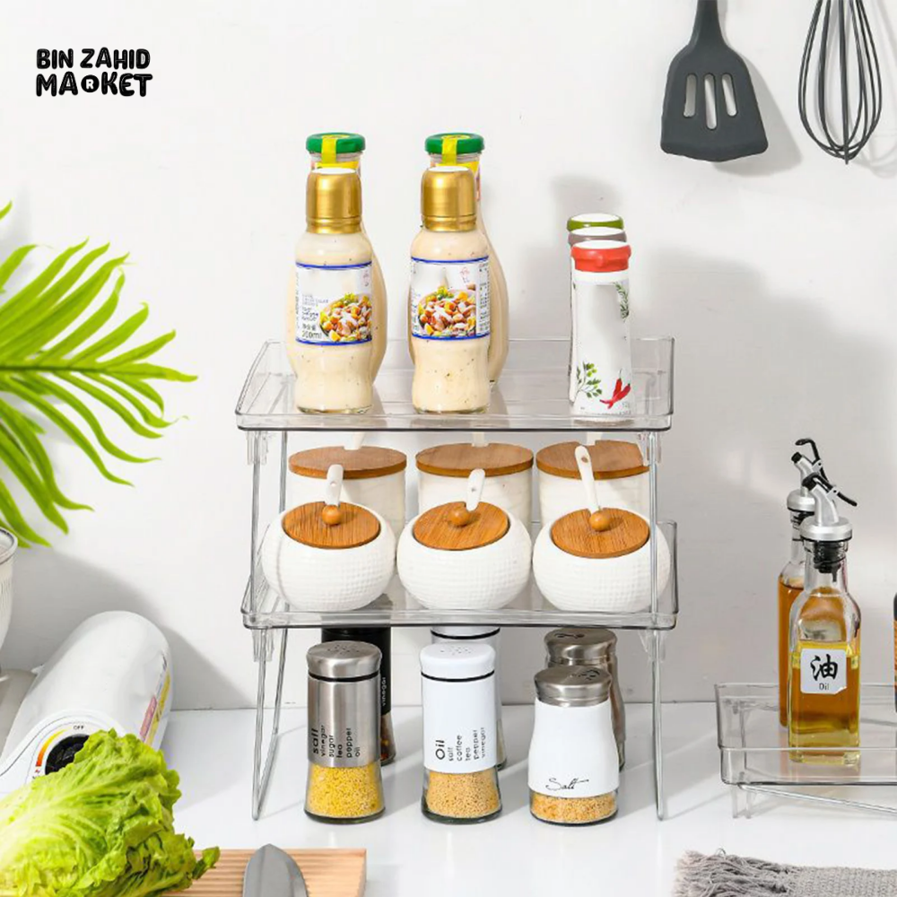 STACKABLE CLEAR PLASTIC STORAGE RACK FOR MAKEUP KITCHEN AND STATIONERY
