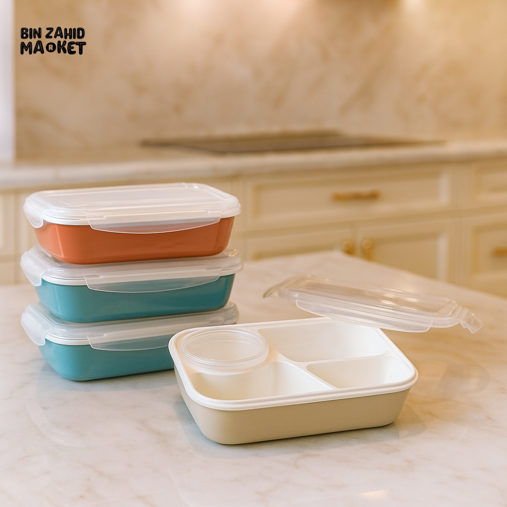 STACKABLE KITCHEN FOOD CONTAINER – 3-COMPARTMENT LUNCH BOX WITH SECURE LID & SAUCE JAR