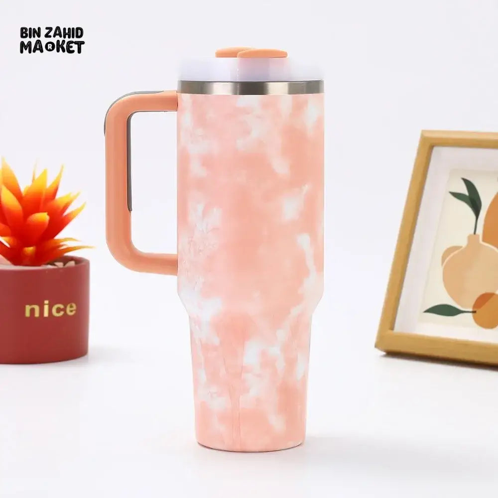 STAINLESS STEEL 304 40 0Z THERMOS CUP WITH HANDLE SECOND GENERATION PAINTED CAR CUP PORTABLE ICE CUP FOR OUTDOOR USE - TIE-DYE POWDER
