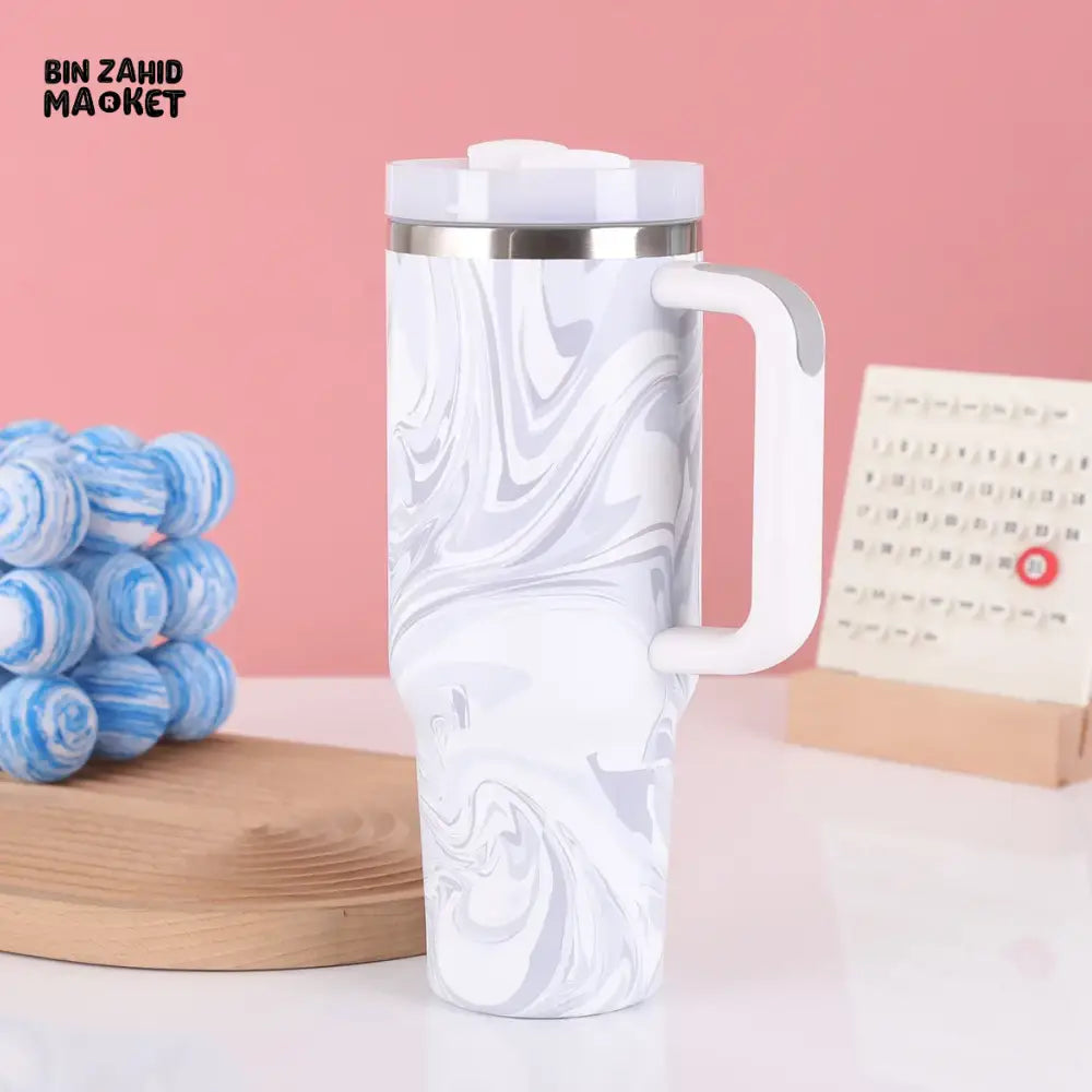 STAINLESS STEEL 304 40 0Z THERMOS CUP WITH HANDLE SECOND GENERATION PAINTED CAR CUP PORTABLE ICE CUP FOR OUTDOOR USE - WHITE WOOD GRAIN