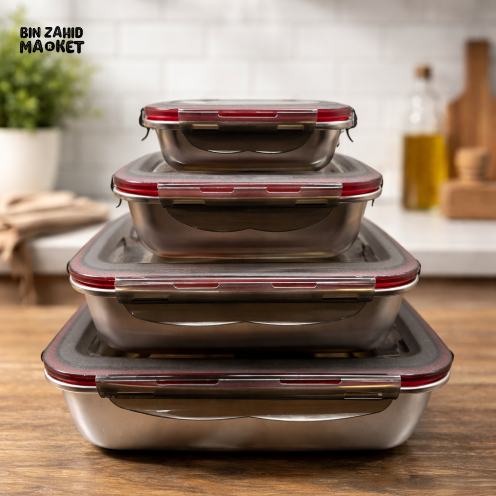 STAINLESS STEEL AIRTIGHT FOOD STORAGE CONTAINER SET – LEAKPROOF LOCKING LIDS – PREMIUM KITCHEN ORGANIZER 4 PIECES SET