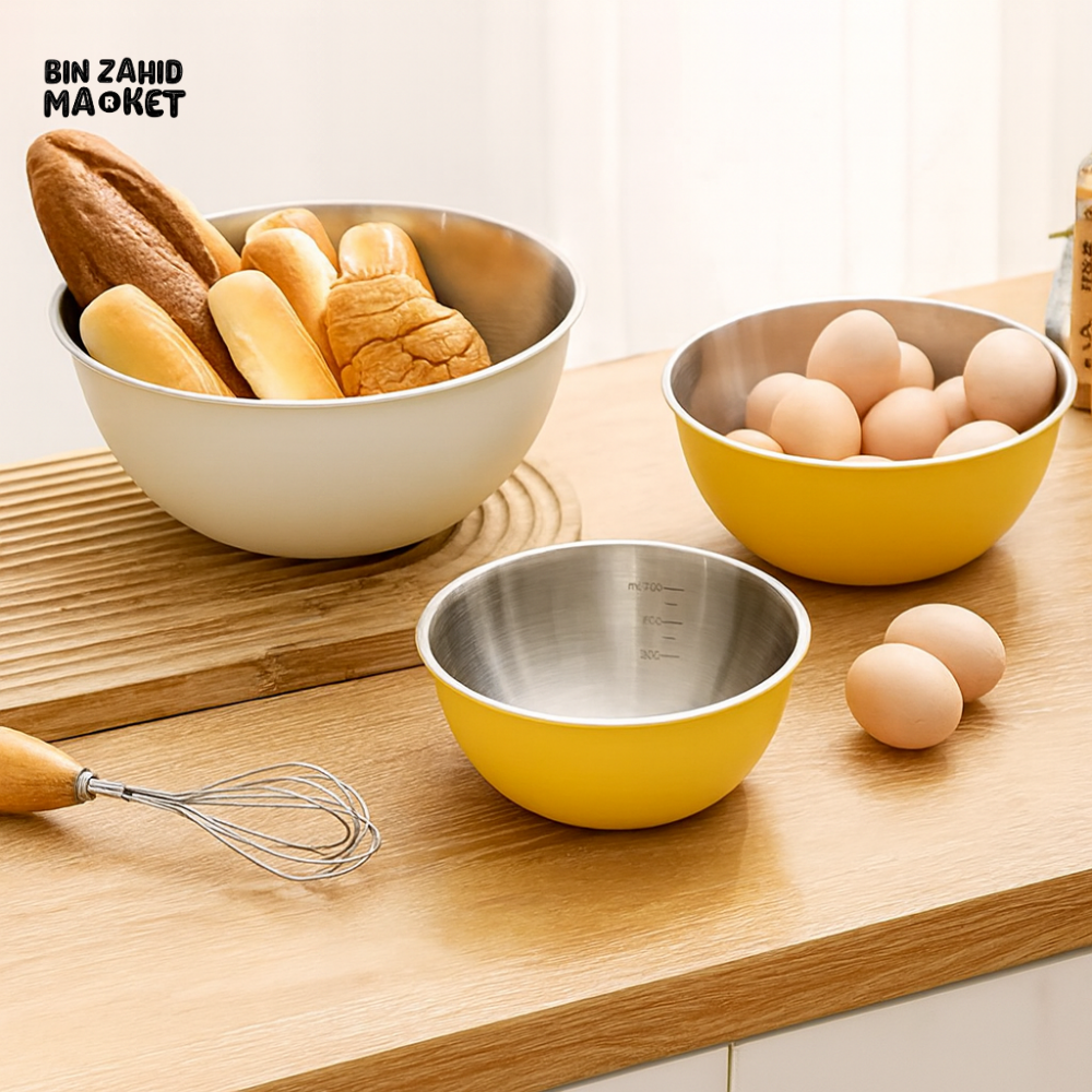 STAINLESS STEEL BAKING & MIXING BOWLS – FOOD GRADE KITCHEN SET WITH SCALE MARKINGS KOREAN INS STYLE SALAD & EGG BEATING