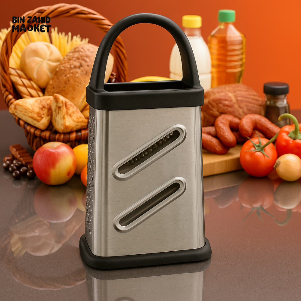 STAINLESS STEEL BOX GRATER WITH ARCH HANDLE – 4-SIDED KITCHEN SHREDDER NON-SLIP BASE