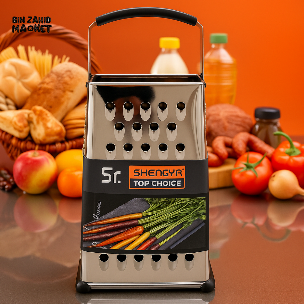STAINLESS STEEL BOX GRATER WITH HANDLE – 4-SIDED KITCHEN SHREDDER NON-SLIP BASE