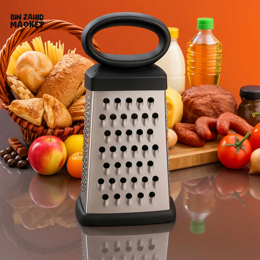STAINLESS STEEL BOX GRATER WITH OVAL HANDLE – 4-SIDED KITCHEN SHREDDER NON-SLIP BASE