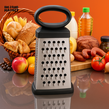 STAINLESS STEEL BOX GRATER WITH OVAL HANDLE – 4-SIDED KITCHEN SHREDDER NON-SLIP BASE