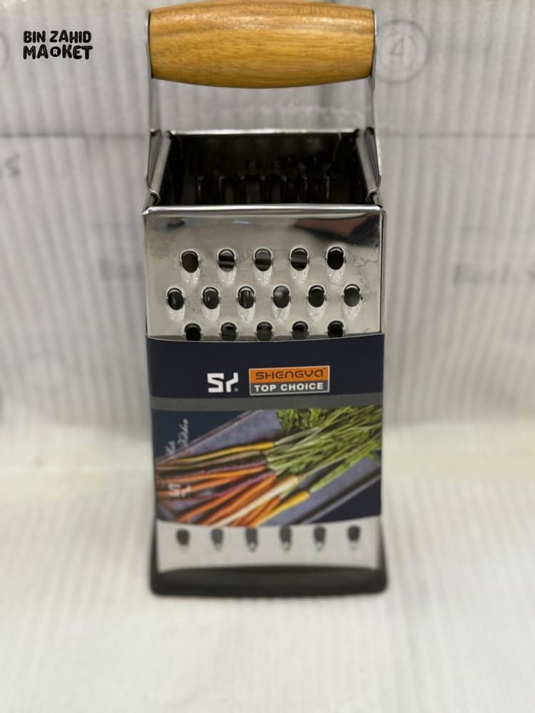 STAINLESS STEEL BOX GRATER WITH WOODEN HANDLE – 4-SIDED KITCHEN SHREDDER NON-SLIP BASE