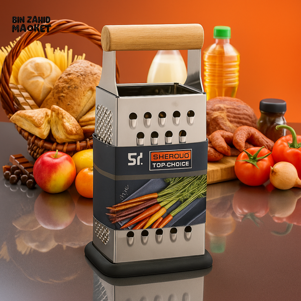 STAINLESS STEEL BOX GRATER WITH WOODEN HANDLE – 4-SIDED KITCHEN SHREDDER NON-SLIP BASE