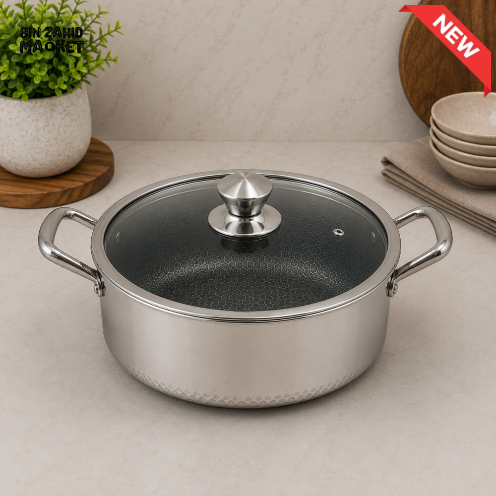 STAINLESS STEEL DEEP CASSEROLE WITH GLASS LID - 28CM