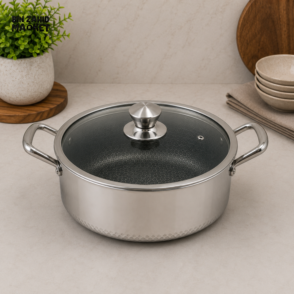 STAINLESS STEEL DEEP CASSEROLE WITH GLASS LID - 32CM