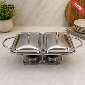 STAINLESS STEEL DOUBLE COMPARTMENT CHAFING DISH FOOD WARMER - 2x1.5 LITER